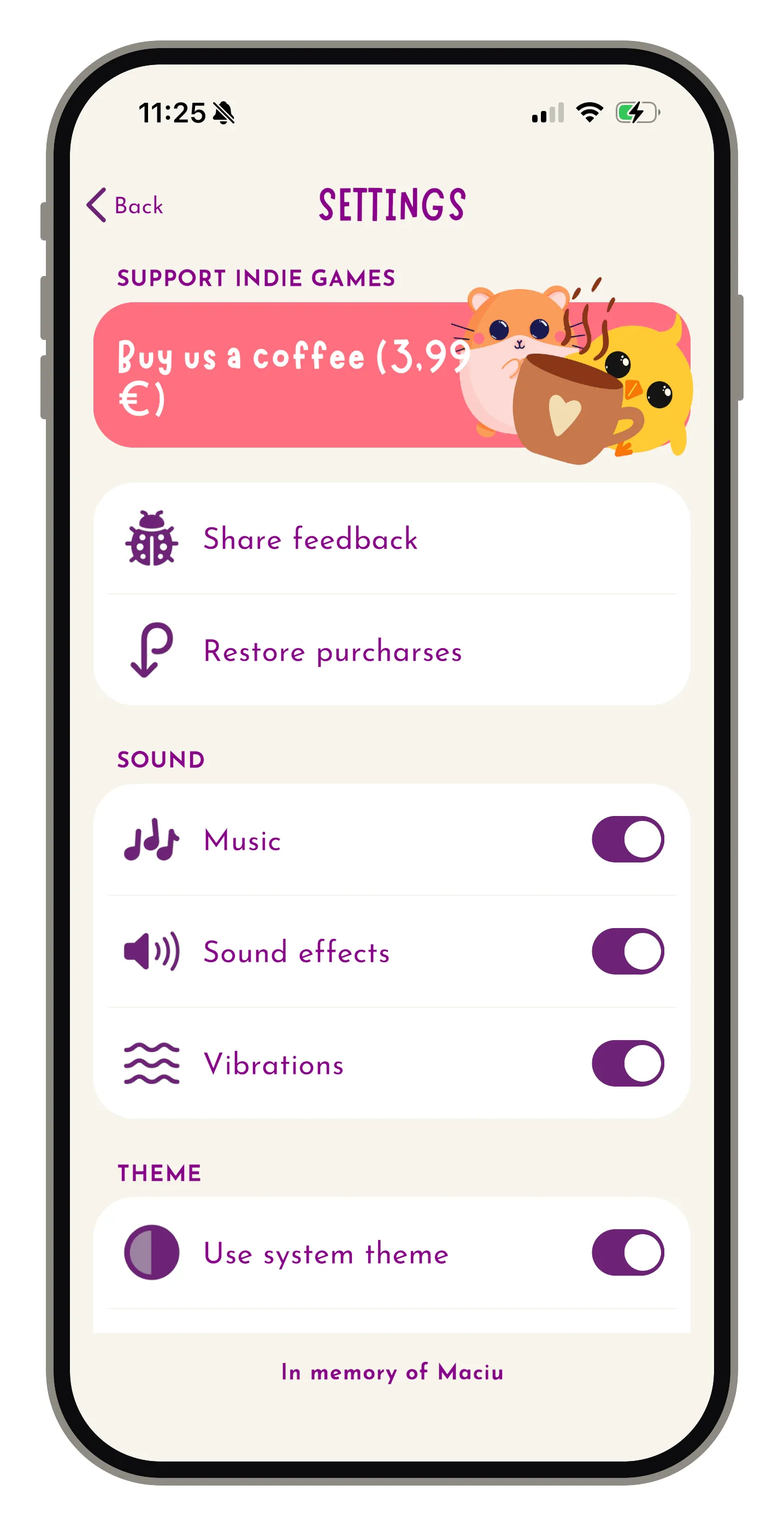 The Squarelets settings screen before the rework: a coral "Buy us a coffee" banner with two characters leaning over it, all-caps section headings, and large purple toggles