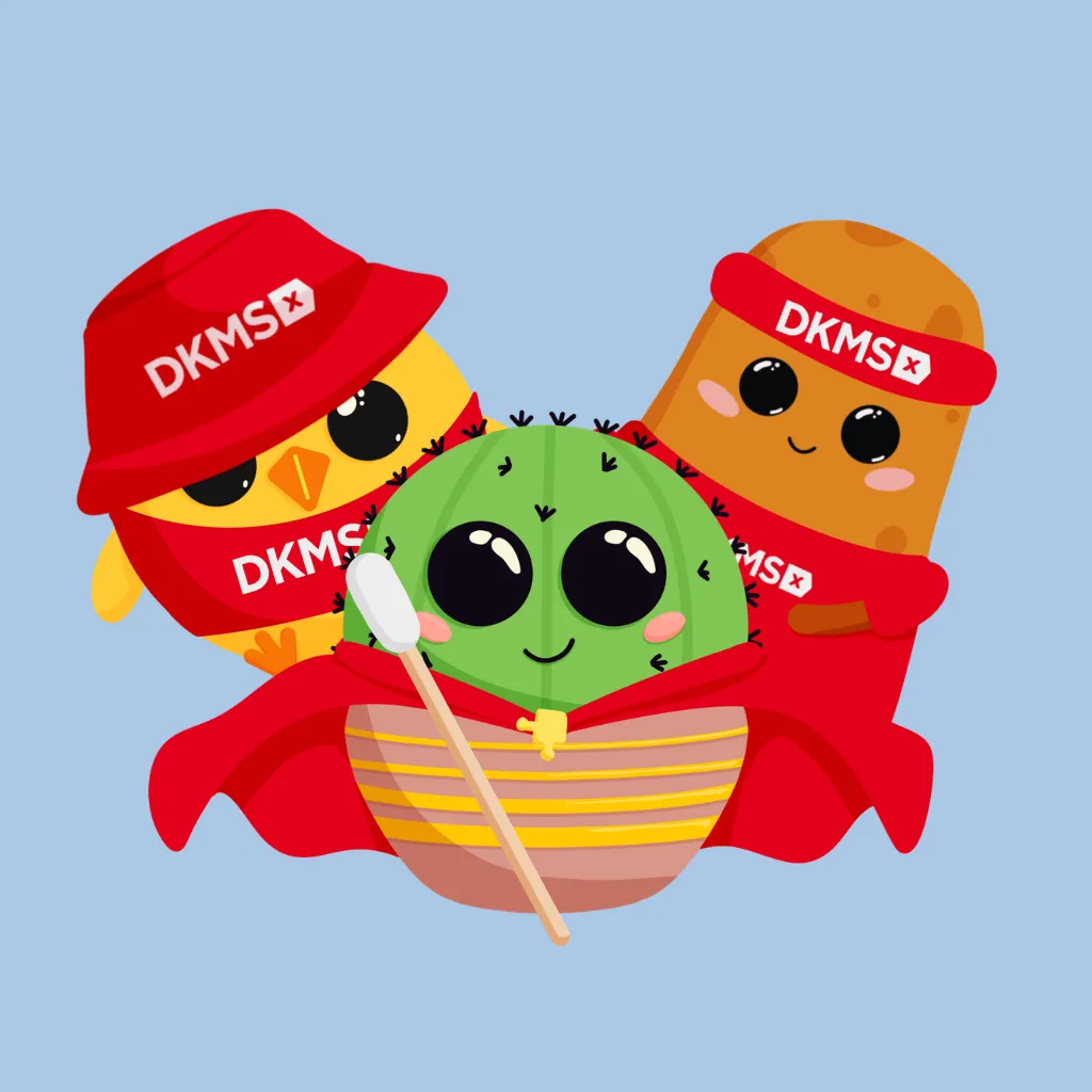 Three Squarelets characters wearing the DKMS bundle cosmetics: a bucket hat, a sweatband, a T-shirt, a red cape, and a cotton swab