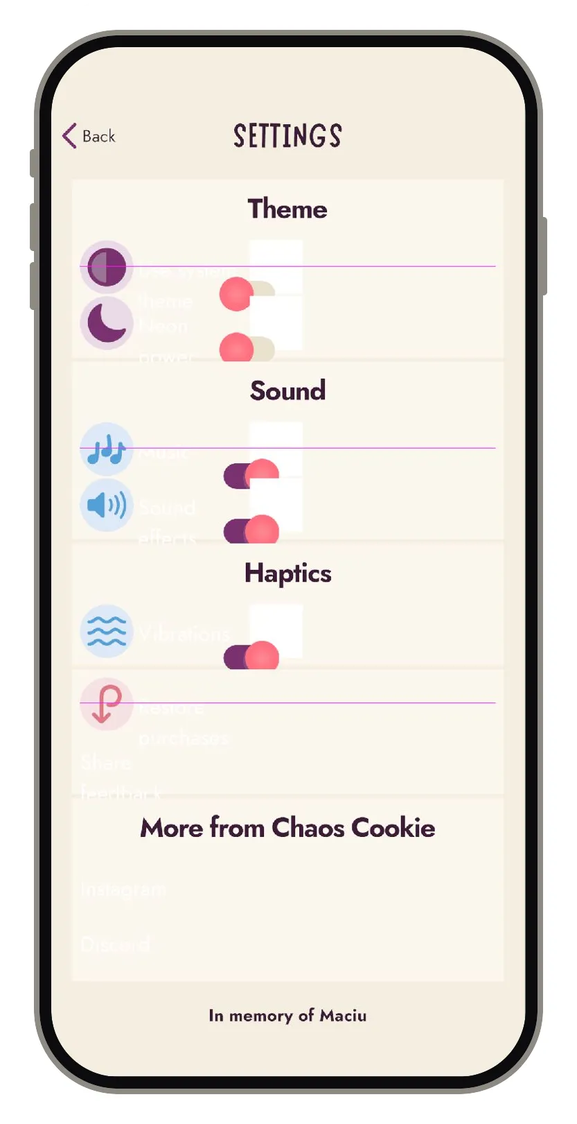 The first code-driven attempt: labels overlapping their rows, toggles floating out of alignment, stray white rectangles behind the text
