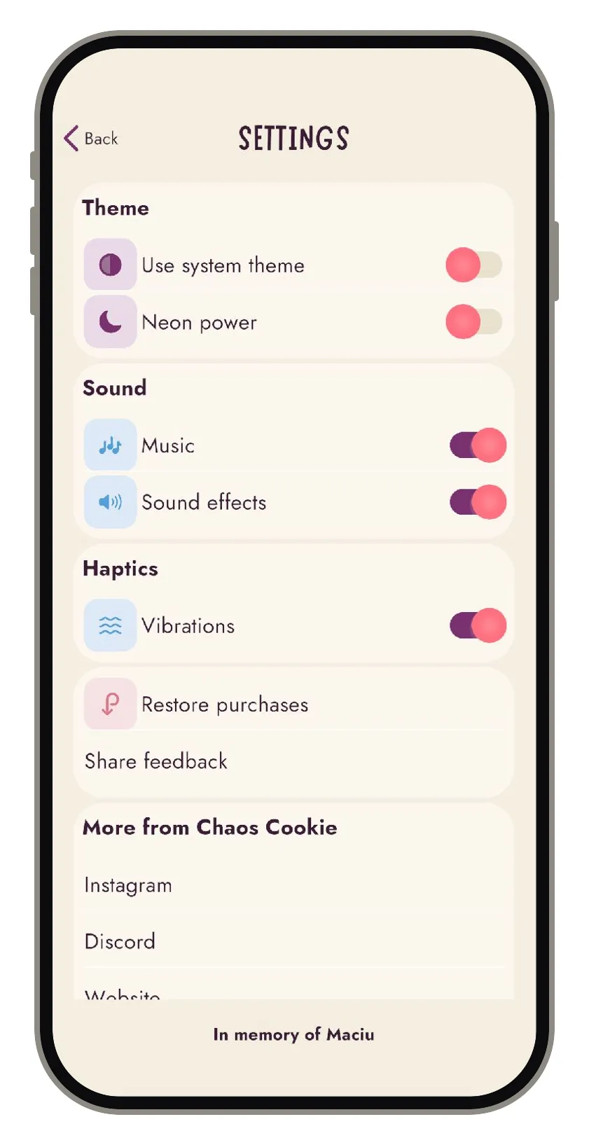 The screen working: grouped cards for Theme, Sound and Haptics, each row with a rounded icon tile and a toggle
