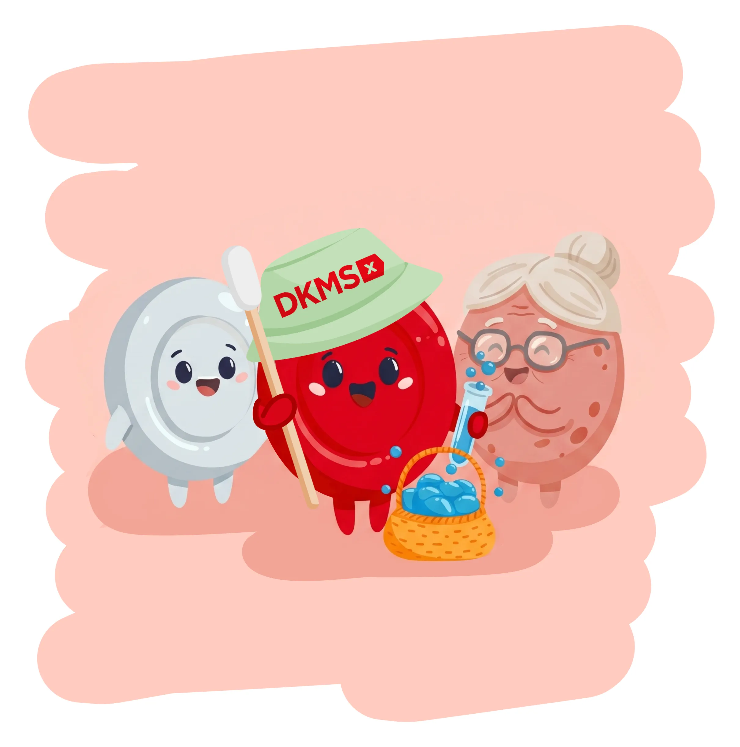 Little Red in a DKMS bucket hat holding a swab, standing with a white blood cell and Grandma Marrow, her basket full again
