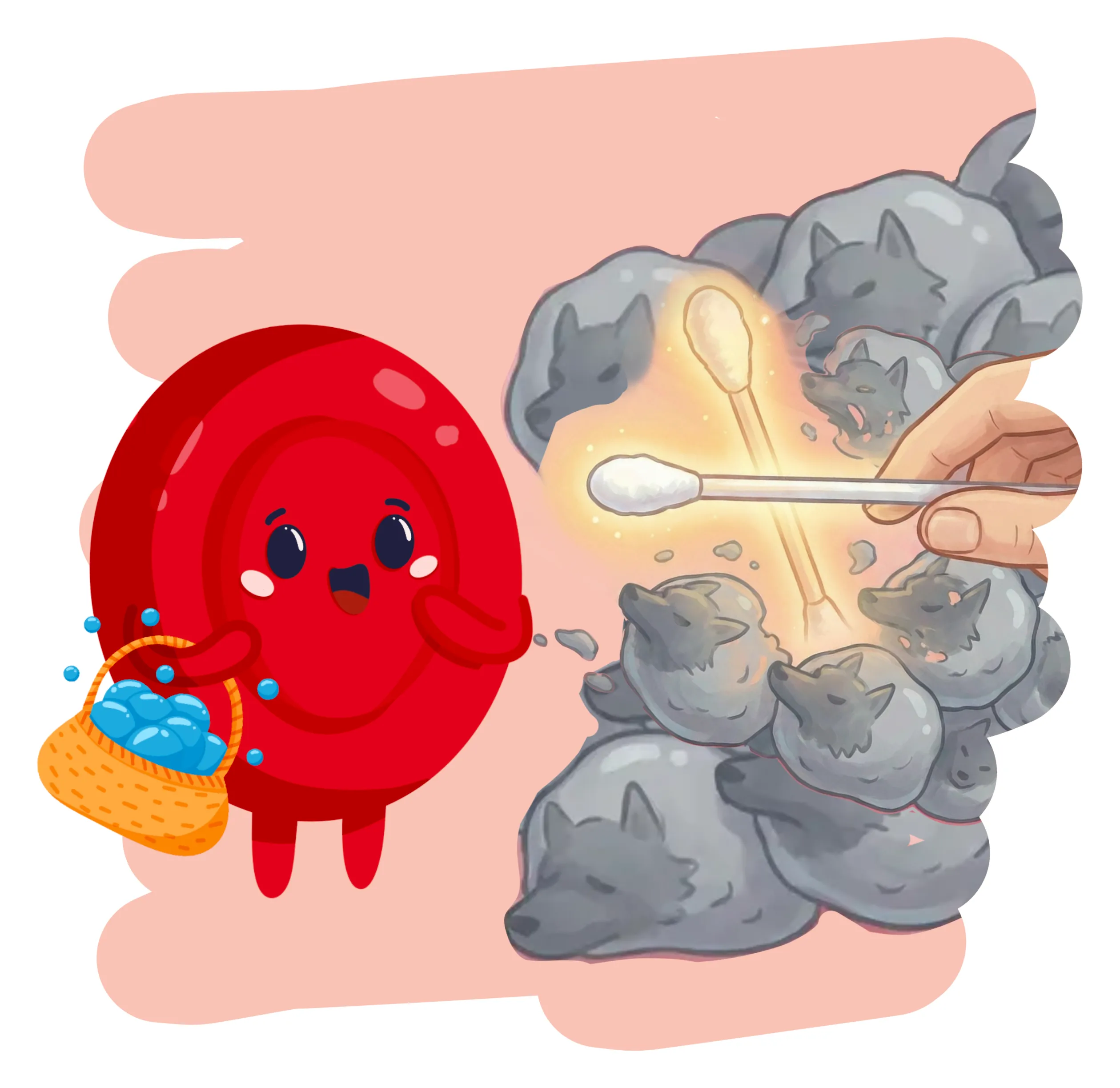 A hand reaching in with a glowing cotton swab, scattering the wall of wolves while Little Red Blood Cell cheers