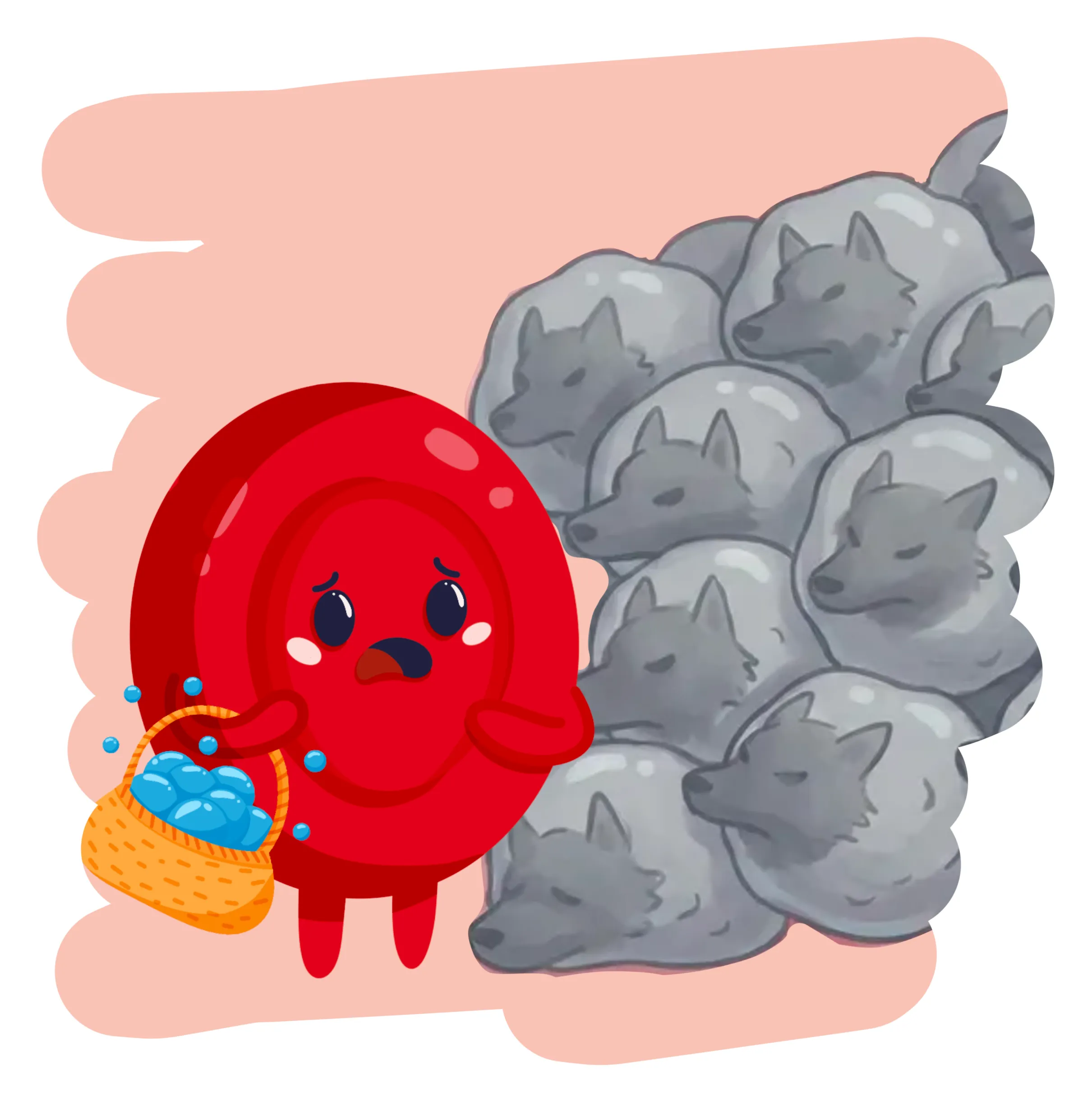 Little Red Blood Cell looking alarmed, clutching her basket in front of a wall of curled-up grey wolves
