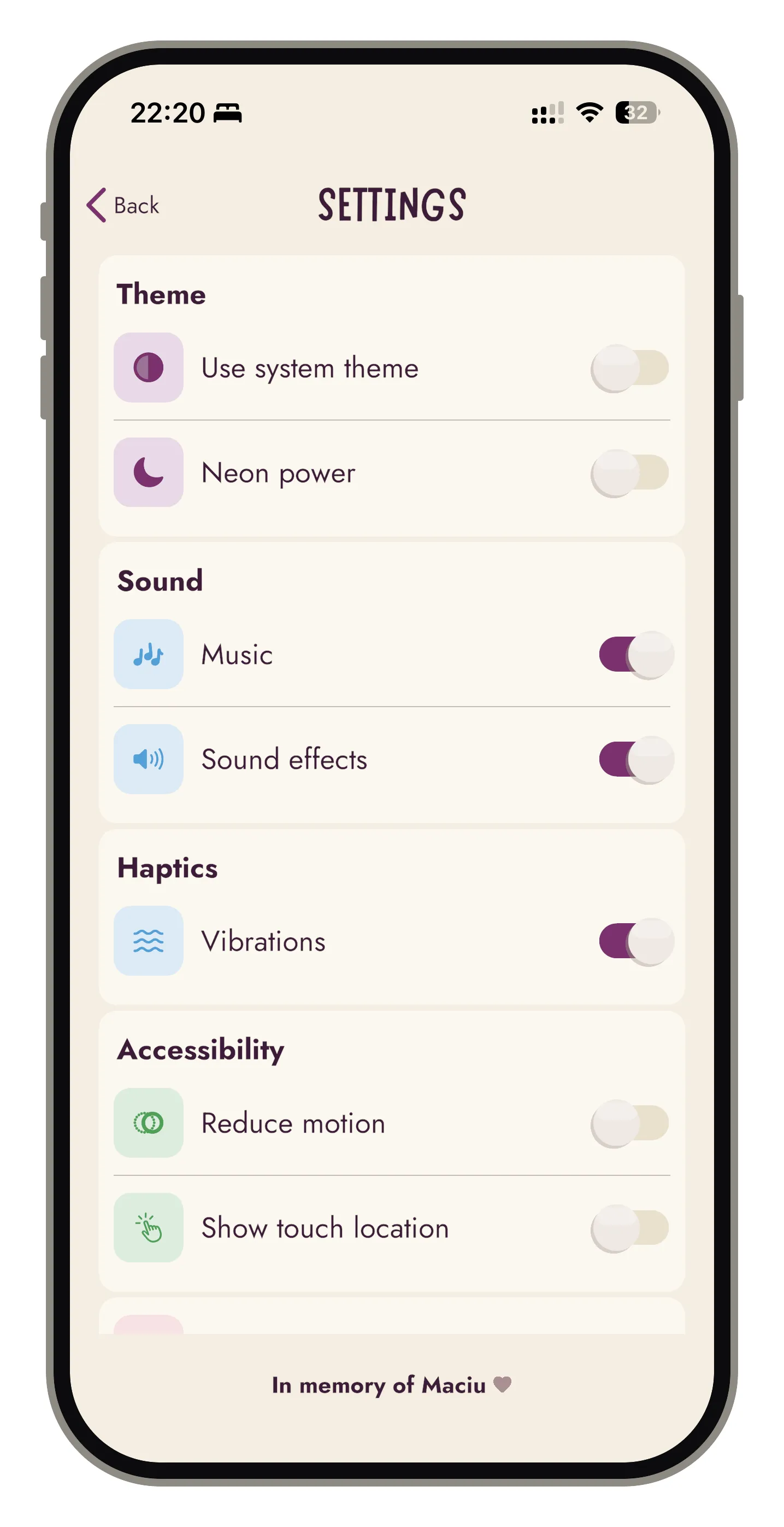 The current screen: softer contrast, pastel icon tiles, consistent rounding, and a new Accessibility section with Reduce motion and Show touch location