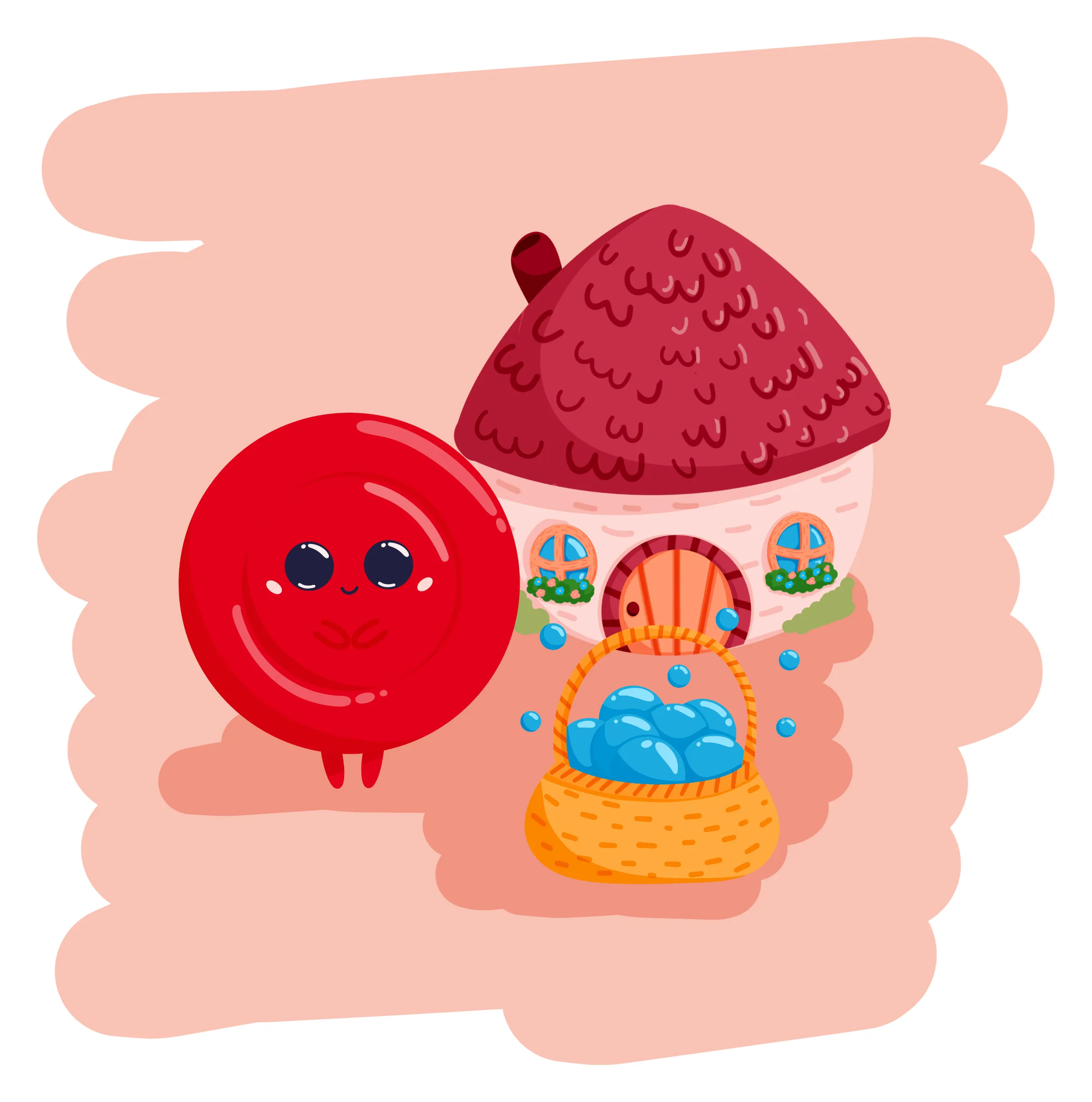 Little Red Blood Cell, a small round red cell with big eyes, setting out from a cottage with a basket of glowing blue bubbles