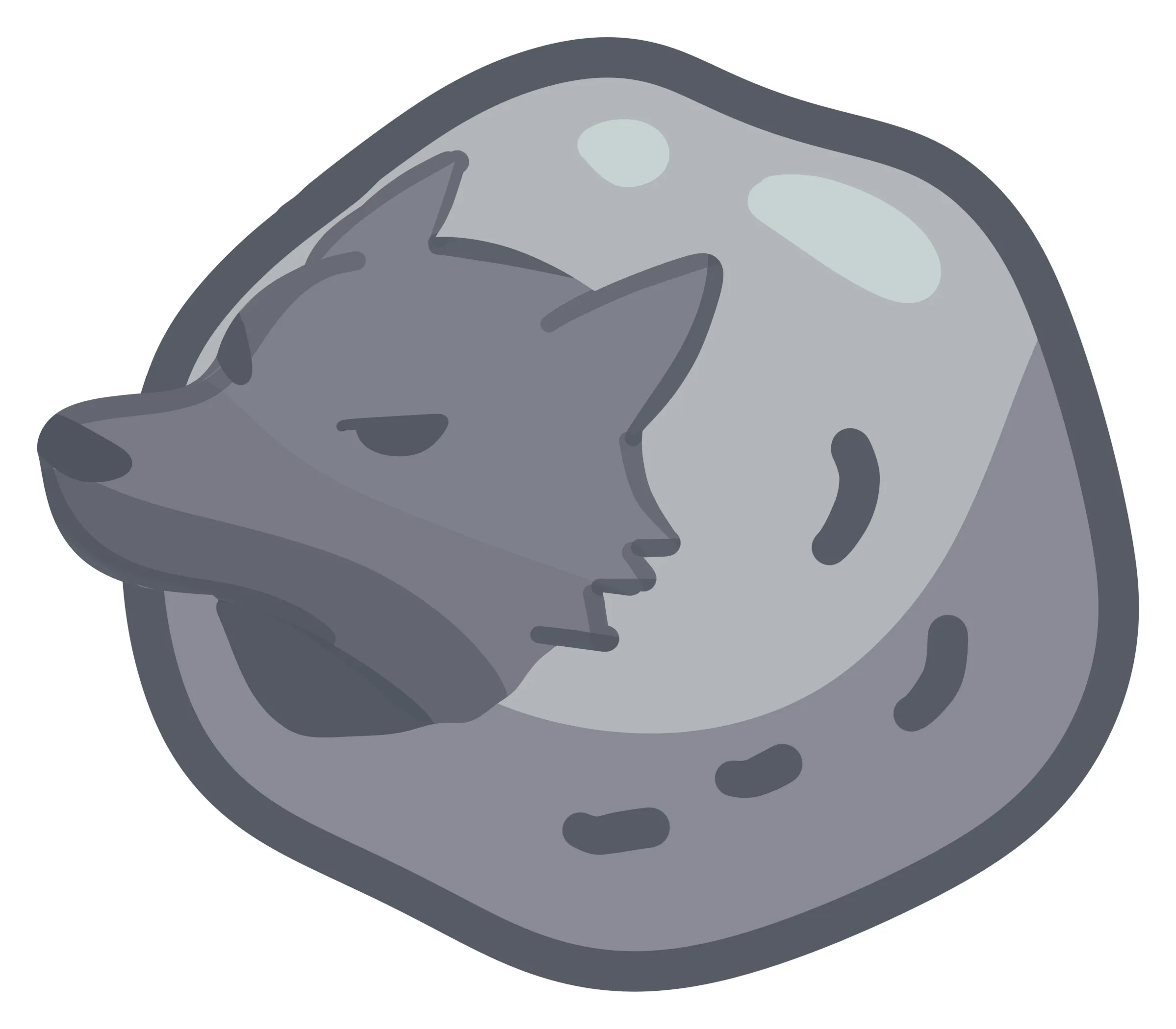 The Wolf of Weariness, a grey wolf curled up into the shape of a smooth grey cell